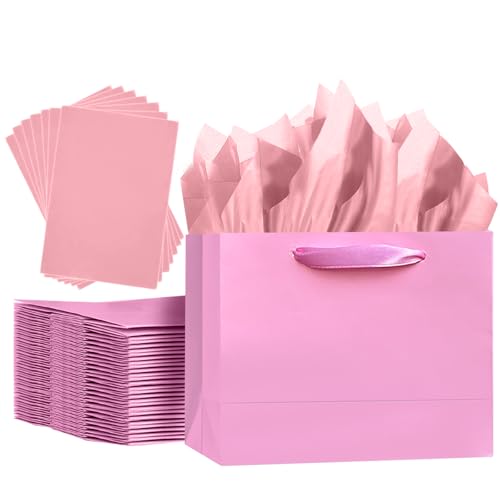 qiqee 5PCS Pink Gift Bags with Ribbon Handles 9.6x7.9x4.3 Medium Size Gift Bags (Tissue Paper included Medium Wide)