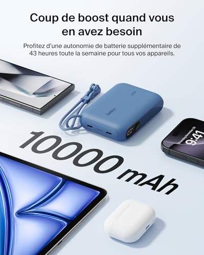 Belkin Batterie Externe 10000mah, Power Bank Charge Rapide avec 2 Ports USB-C (Chargeur Portable, écran, 20 W, pour l'iPhone 16 et 15, Samsung Galaxy S25 et S24, Pixel 9, iPad, etc., Bleu)