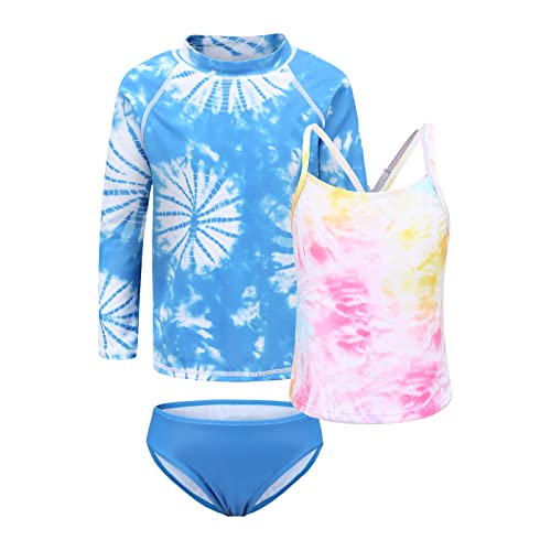 Image of Girls 3 Piece Swimsuits Set Long Sleeve Rash Guard for Girls Tankini Bathing Suits Beach Swimwear 3-16 Years
