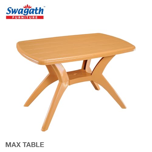 Image of Furniture 4 Seater Max Plastic Cross Leg Dining Table and 4 Nos Linea Without Arm Cushioned Chair for Home, Garden & Cafeteria (Finish Color-Amber Gold, DIY(Do-It-Yourself)