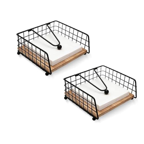 2 Pack Black Metal Napkin Holders for Tables Quare Serviette Holder with Wooden Base for Home Restaurant Cafe Bar Wedding and Outdoor Patio