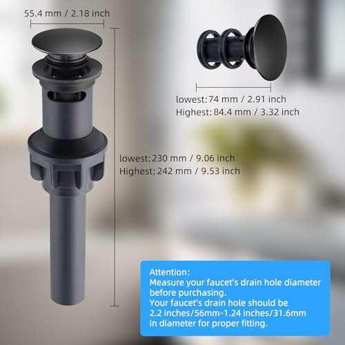 Hibbent 2 Pack Universal Bathroom Sink Drain Stopper, Pop Up Drain Strainer with Overflow, Push and Seal Sink Plug with Basket for Lavatory Vanity Vessel, Anti-Clogging Strainer, Matte Black by Hibbent - Image 8