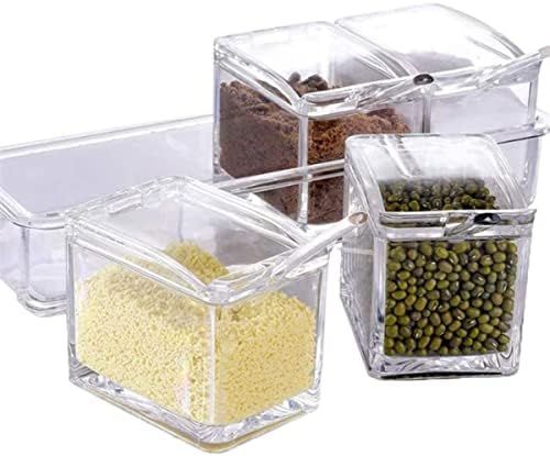 4 Piece Seasoning Box, Transparent Spice Storage Containers with Spoons,for Holding Spices, Herbs and Seasonings in Clear Containers for Sugar, Salt, Pepper and Other Spices