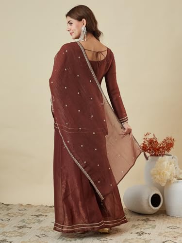 Image of MOKOSH Women's Silk Embroidery Peplum Kurta Sharara with Dupatta | Anarkali Kurta Set | Sweetheart Neck Full Sleeve Ethnic Suit | 3 Piece Outfit | Indian Kurta Outfit With Sharara