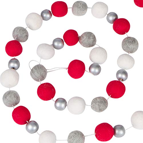 8 Foot Red, White And Gray Wool Felt Ball Pom Pom Garland With Silver Wood Beads - Vintage Christmas Tree Decor Holiday Party Banner Decoration For Wall, Crafts, Kids Room #TOP4