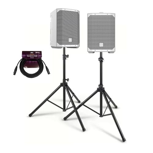 Electro-Voice EVERSE 8 8-Inch 2-Way Battery Powered Loudspeaker (White) Bundle with Focus Pro Audio All-Aluminum Speaker Stand Pack and 25-Feet XLR Male to Female Microphone Cable (4 Items)