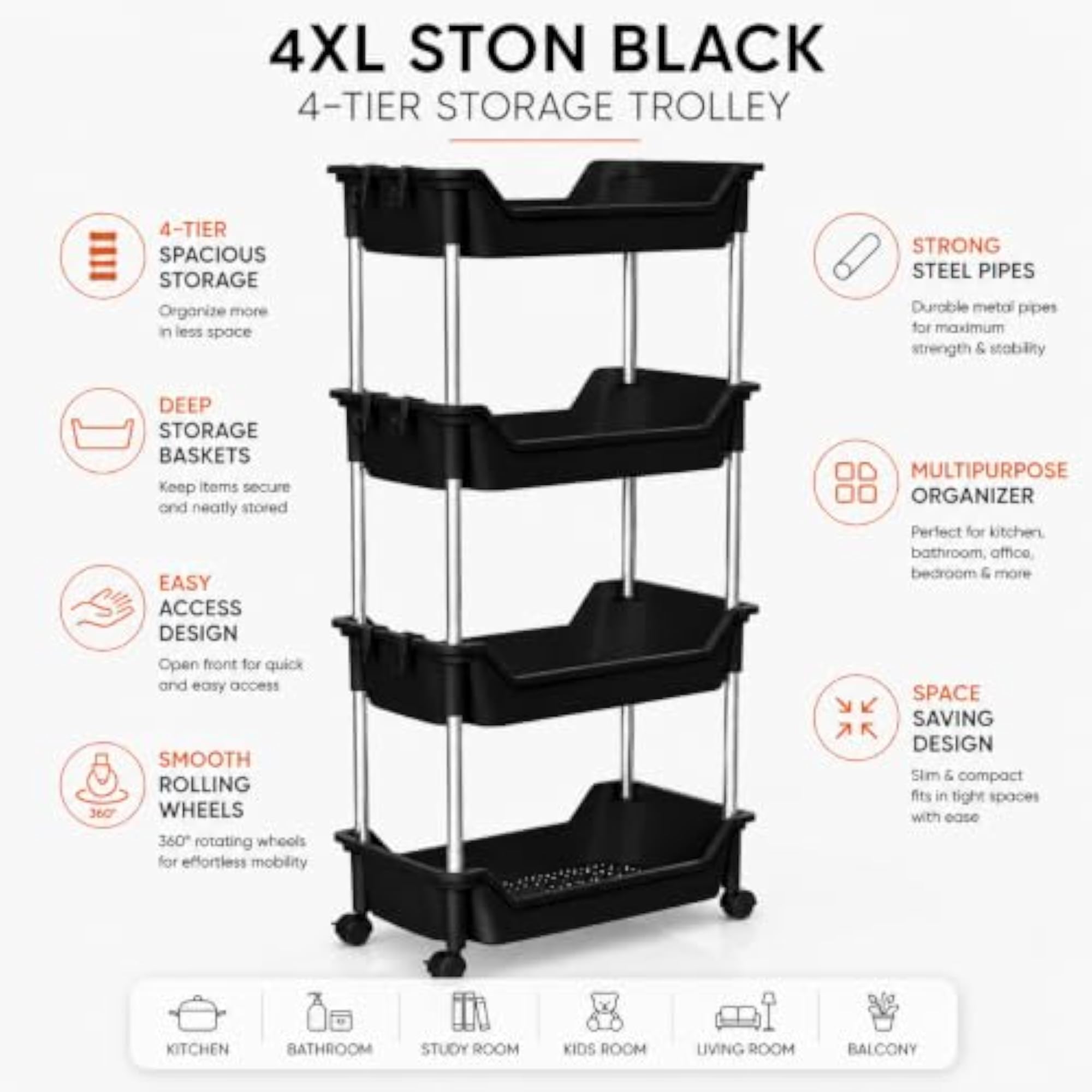 4XL Ston Black 4-Tier Storage Trolley with Rolling Wheels