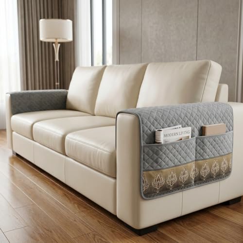 Image of KINGLY Armrest Cover with Pocket | Anti-Slip Sofa Arm Protector | Washable Arm Cover | Warm Grey