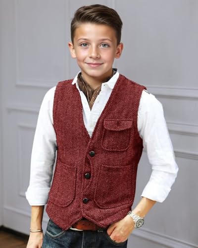Boys Vintage Herringbone Tweed Suit Vest for Kids Toddler Slim Fit Wedding Tuxedo Waistcoat Youth Boy Formal Dress 5