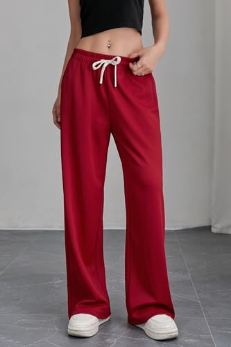 Women's High Waisted Wide Leg Sweatpants Loose Fit Lounge Legging Pajama Pants with Drawstring Red L — view 2