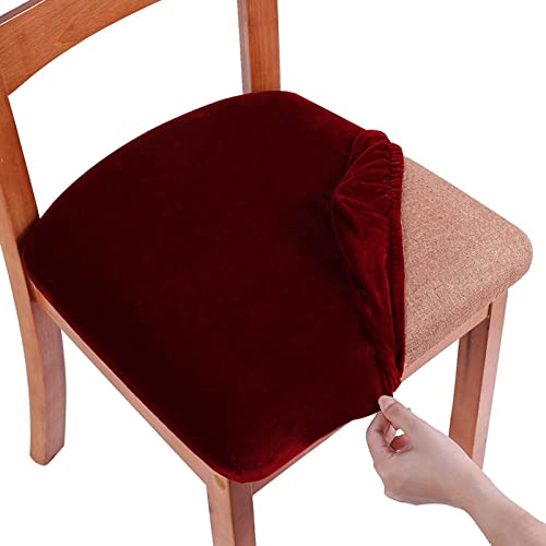 Image of Homaxy Velvet Dining Chair Seat Covers Set of 6, Stretch Dining Chair Slipcovers with Ties, Removable Washable Dining Chair Seat Protector Cover, Wine Red
