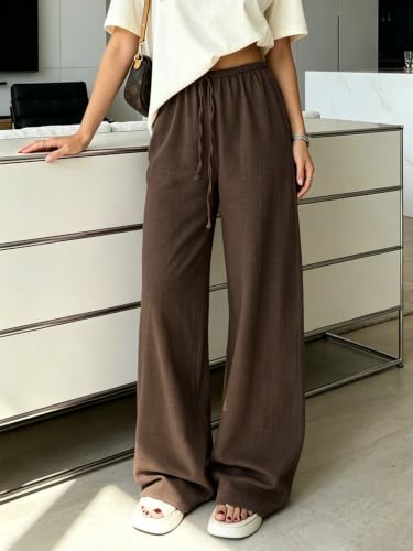Calça feminina de cintura reta urbana longa calça de moletom casual solta folgada para treino longo outono, Marrom, M