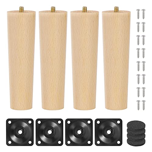 Knpwer 4 patas de madera maciza de roble de 15 cm, patas de muebles de madera, patas de roble para sillas, armario, sofá, cama, con placas de montaje, tornillos y deslizadores de fieltro (pie recto)