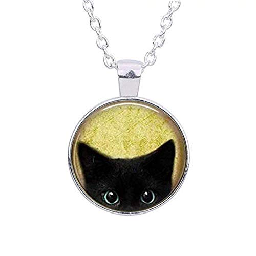 BXzhiri Silver Black Cat Yellow Background Peeking Cute Kitty Pendant Cabochon Necklace Womens Pendant Necklace