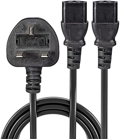 LINDY 30371 2.5m UK 3 Pin Plug to 2 x IEC C13 Splitter Extension Cable, Black