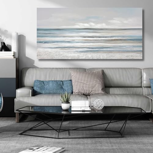 TRAIN2 ART Abstract Wall Art Modern Coastal Wall Decor Textured Blue and White Sea Background Canvas Wall Art for Living Room Bedroom Kitchen Office 20"x40" - Image 3