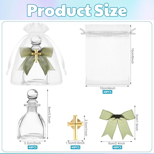 Chuangdi 48 Set Holy Water Bottles Catholic Clear Holy Water Container 50ml Christian Glass Bottle with Cross Lapel Pin and Lace Bow for Communion Gift Church Baptism Wedding Party (Sage Green) by Chuangdi - Image 2
