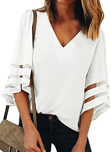 BLENCOT Womens Juniors White Chiffon Blouse Shirt 3/4 Bell Sleeve Deep V Neck Patchwork Summer Casual Tops XL