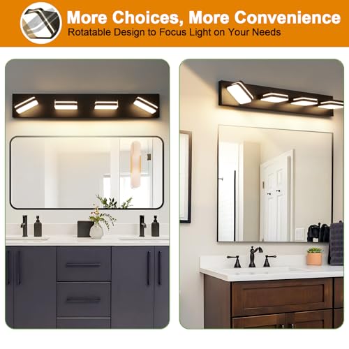 Image of Torondo 360 Rotate LED Bathroom Vanity Light Fixtures, Acrylic Vanity Lights for Bathroom, Modern Wall Lighting Fixtures Over Mirror Living, Matte Black, Warm White, 4-Light, 27-Inch