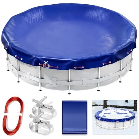 ownwhim 21FT Round Winter Pool Cover for Above Ground Pools with Cable and Winch, UV Protected, Heavy Duty Swimming Pool Cover Ideal for Waterproof and Dustproof, Blue Cover