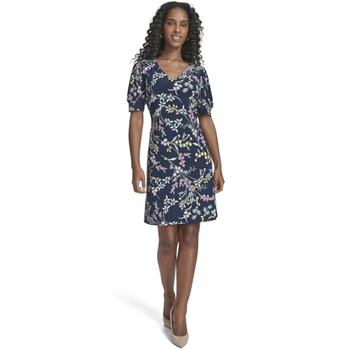 Image of Tommy Hilfiger Women's Short Puff Sleeve V-Neck Shift Mini Dress