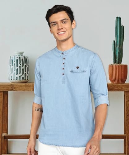 Image of Kuons Avenue Men's Denim Casual Short Kurta | Mandarin Collar | Full Sleeves | Tailored Fit- Stylish Ethnic Wear