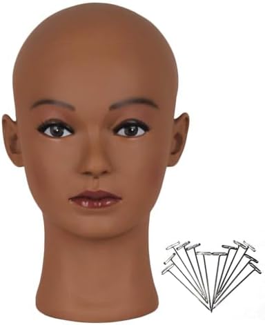 HAIRWAY Mannequin Head Bald Female Professional Cosmetology Training Head Bald Manikin Doll Head with Free T-pins Wigs Head Stand for Display(Dark Brown 21.5 Inch)