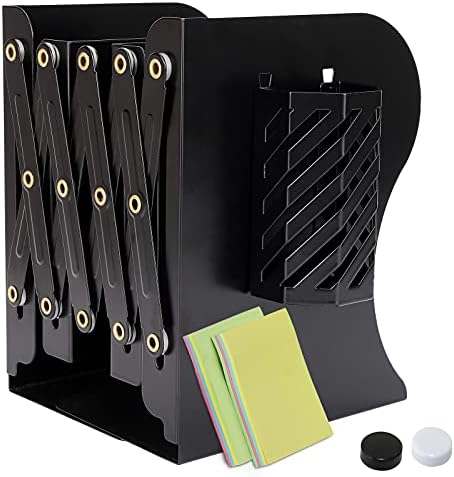 DARUITE Book Ends for Shelves, Metal Bookends Adjustable Book End, Book Holder with Detachable Pen Container, Heavy Duty Bookend, Book Organiser for School, Home, Office (Blue)