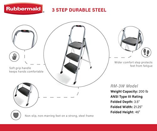 Rubbermaid 3-Step Steel Ladder,Folding Step Stool with Hand Grip and Non-Slip Feet, Silver, Tested to ANSI US Safety Standards, No Assembly Required by Rubbermaid - Image 2