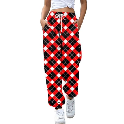 Pantalones deportivos de Navidad para mujer, pantalones a cuadros para mujer, pantalones deportivos de Navidad a cuadros, pantalones deportivos de contraste de color retro, divertidos pantalones de