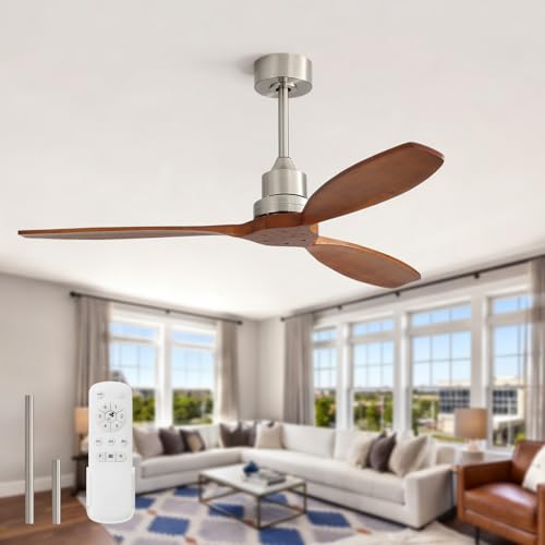 Image of Sofucor Ceiling Fan no Lights, 52 Inch Modern Wood Ceiling Fan with Remote, 3 Wooden Blades and 3 White Downrods, for Indoor Bedroom Living Room Outdoor Patio Porch, Reversible DC Motor, Brown