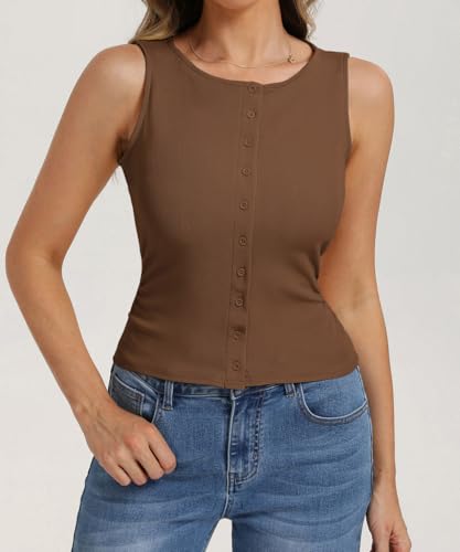Image of Belle Poque Womens Button Down Tank Tops Ribbed Summer Vest Slim Fit Crop Going Out Tops Open Front Sleeveless Y2K Clothes