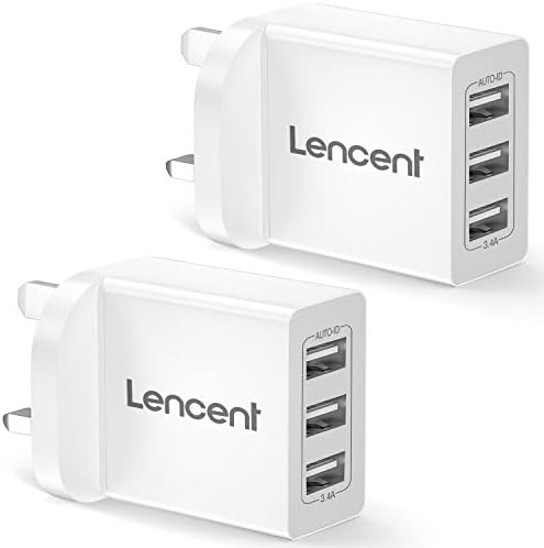 LENCENT USB Plug Charger [2 pack], 3-Port 3.4A USB Wall Charger Cube Portable UK Mains Power Adapter Plug with Smart IC Technology for iPhone, iPad, Samsung Galaxy, Huawei and etc.