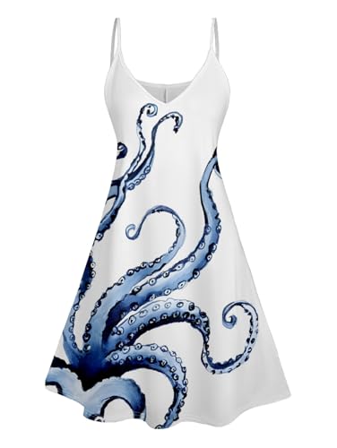 DRESSFO Couple Matching Hawaiian Outfits Gothic Octopus Print V Neck Spaghetti Strap Dress or Roll Up Sleeve Shirts Outfit3