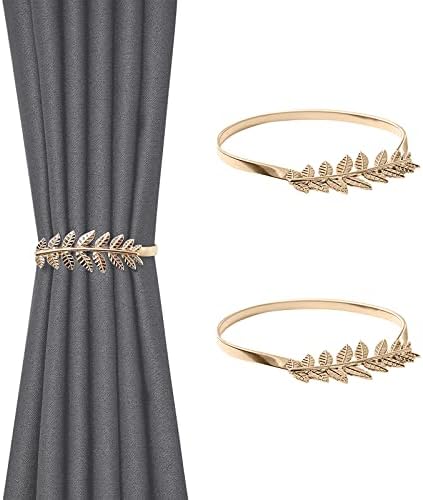 Curtain Tiebacks, Metal Leaves Curtain Holdbacks Adjustable Curtain Straps Curtain Clips for Home Bedroom Window Decoration (2 Pcs, Gold)