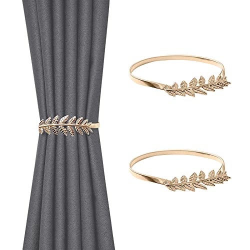 2 Pack Curtain Tie Backs, Gold Leaves Curtain Tiebacks Adjustable Curtain Holdbacks Modern Simple Style Drape Tie Backs, Metal Curtain Buckle Clips for Home Hotel Office Window Drapery Decoration
