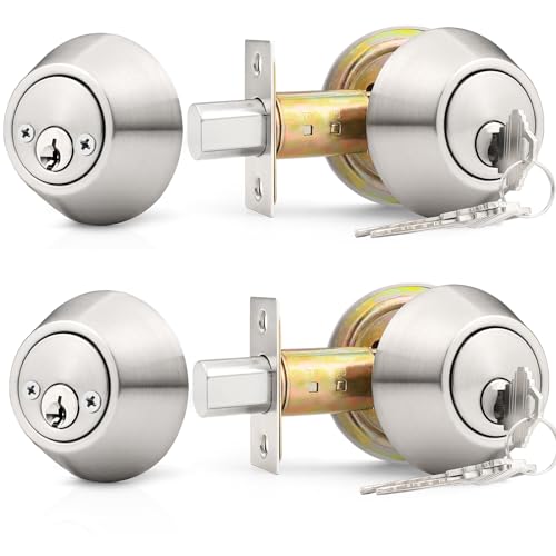 Probrico 2 Pack Satin Brushed Nickel Double Cylinder Deadbolt Lock, Round Keyed Both Side Door Lock,Keyed Alike