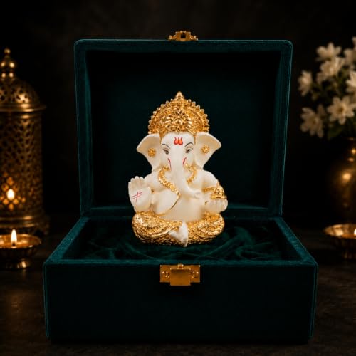 Image of Gold Art India Lord Ganesha Gold Plated Idol | Elegant Off White Finish | Premium Peacock Green Velvet Gift Box | Ganesh Murti for Home Temple, Office Desk & Car Dashboard | Spiritual Gift