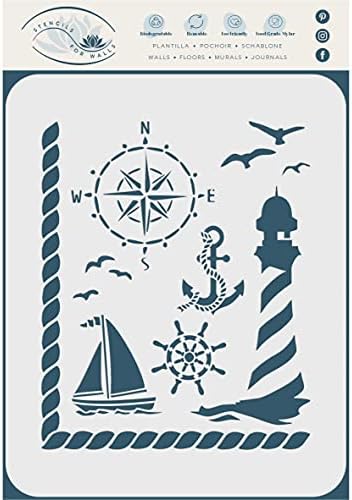 Nautical Stencil, 16.5 x 19 cm (M) - Ocean Seashore Lighthouse Compass Lifebuoy Ships Wheel Stencils for Painting Template