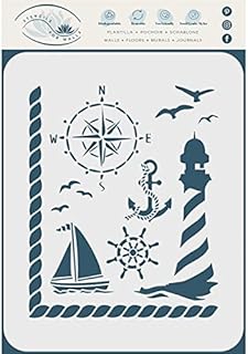 Nautical Stencil, 16.5 x 19 cm (M) - Ocean Seashore Lighthouse Compass Lifebuoy Ships Wheel Stencils for Painting Template