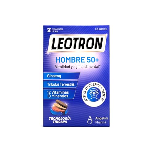 Leotron Hombre 50+ - Complemento alimenticio con Ginseng, Tribulus terrestris, 12 vitaminas y 10 minerales - Sin gluten, sin lactosa, sin azúcares añadidos - 30 comprimidos tricapa