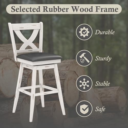 Image of Swivel Bar Stools Set of 2, Farmhouse 30 inch Counter Height Barstools with X Carved Backs, Wooden Bar Chair with Solid Wood Legs & Footrest for Kitchen Island, Home Bar, Pub. Antique White