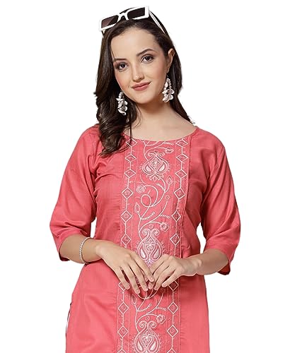 Image of Vinchic Women's Round Neck A-Line Cotton Embroidery Green Kurti (EmbBottle-91011-P)