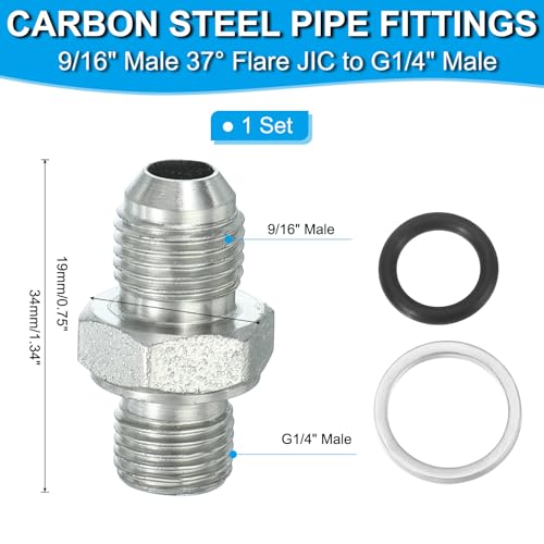 Image of PATIKIL Hex Reducing Nipple Connectors Pipe Adapter 9 /16 inch Male 37 Flare JIC x 1 /4 inch g Male, Pipe Fitting Reducer Nipple Adapter Plated Steel Hydraulic Fitting