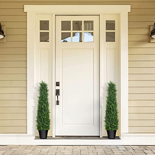 Horjamy 3 Foot Artificial Cedar Topiary Trees In Plastic Pot For Indoor And Outdoor Porch Décor Uv Rated Potted Plants For Home Decorations (2 Pack) #TOP5