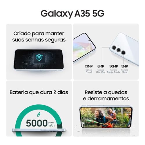 Smartphone Samsung Galaxy A35 5G (128GB/ 6GB/ Cam Tripla até 50MP/ Selfie 13MP/ Tela SuperAMOLED 6.6
