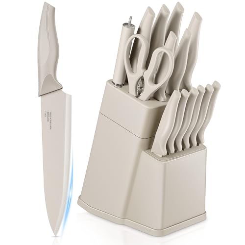 Homikit Messerblock Set, 15-tlg Edelstahl Messer Küchenmesser mit Wetzstahl, Messerblock mit Messerset & Kochmesser für Küchen Schneiden Zerhacken, 6 Steakmesser, Rutschfester Griff, Rostfrei, Khaki