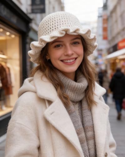Image of Women Crochet Bucket Hat Cute Winter Ruffled Brim Floppy Cap Handmade Knit Cloche Hats