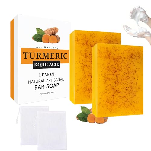 2PCS Turmeric & Kojic Acid Soap Bar with Natural Granular Formula,Skin Brightening & Hydrating Facial,Infused with Hyaluronic Acid & Collagen for Healthy Glowing Skin,100g