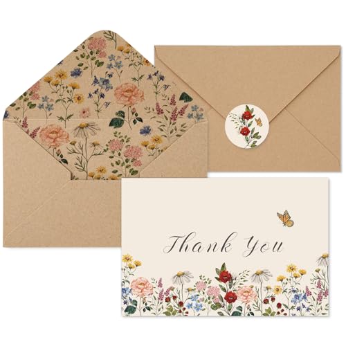 JarThenaAMCS Wildflower Thank You Cards Vintage Flower Greeting Cards Floral Blank Note Cards with Kraft Envelope Sticker for Birthday Wedding Bridal Shower, 4 x 6 Inch, 20 Pack